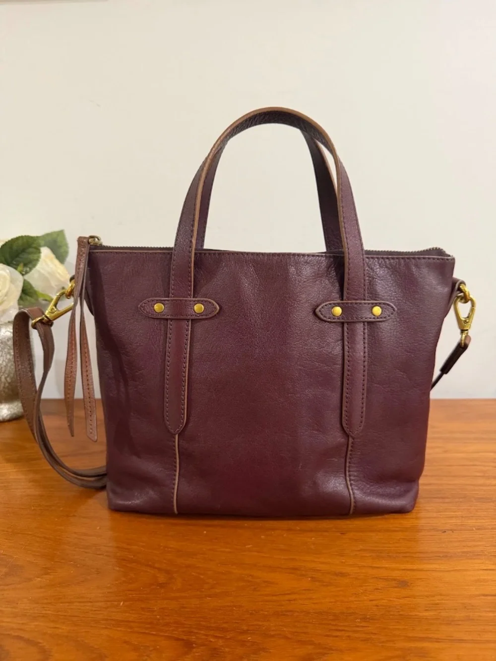 Fossil Felicity Bordeaux Leather Satchel Tote Bag Purse